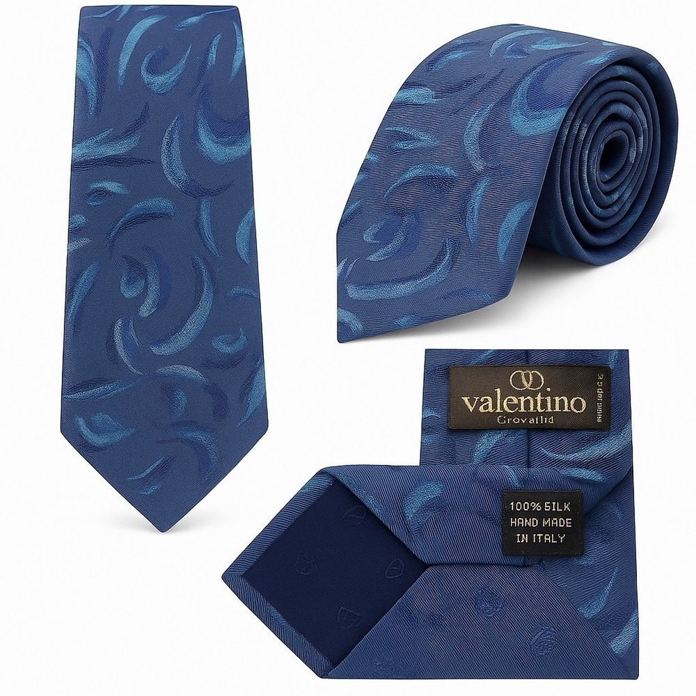 Valentino Cravatte Silk Tie Blue Abstract Brushstroke Handmade Italy Luxury